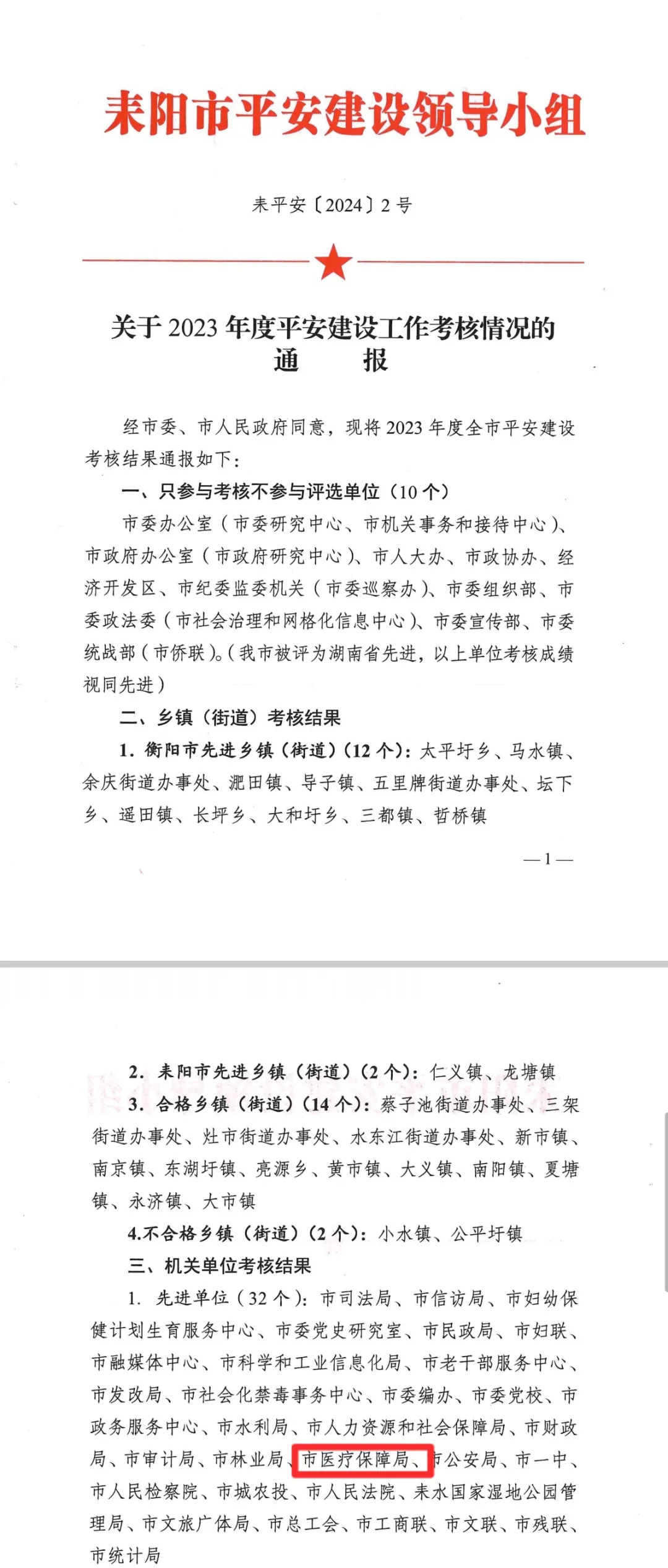 喜讯！耒阳市医保局获评2023年度全市平安建设先进单位